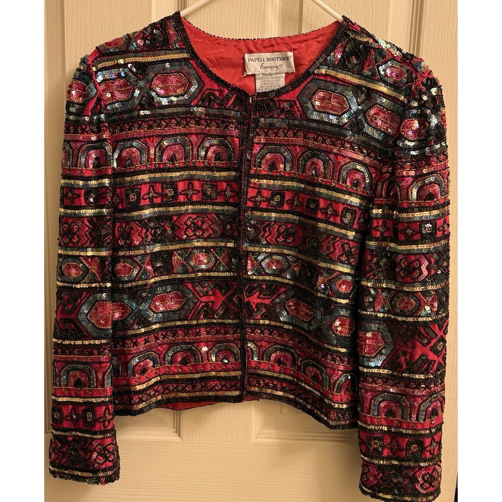 VTG Papell Boutique Evening Beaded L/S Jacket Large Red, Black, Gold Beads Silk